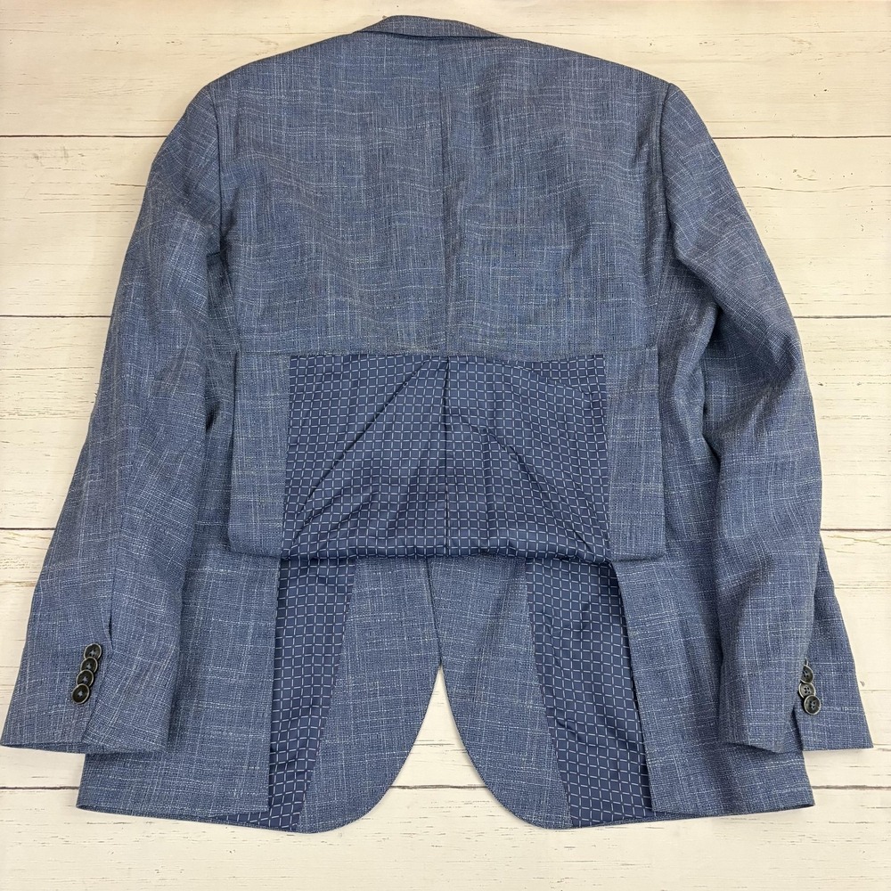 Hugo Boss Blazer Sport Coat Mens 38R Blue Check Wool Cotton Linen Tweed Marlane - Picture 3 of 16